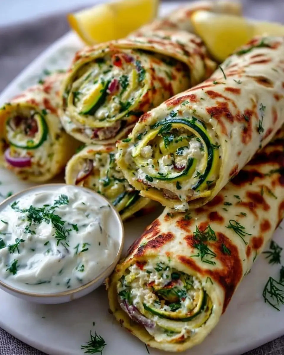 Zucchini-Feta-Wraps mit Zitronen-Knoblauch-Dip