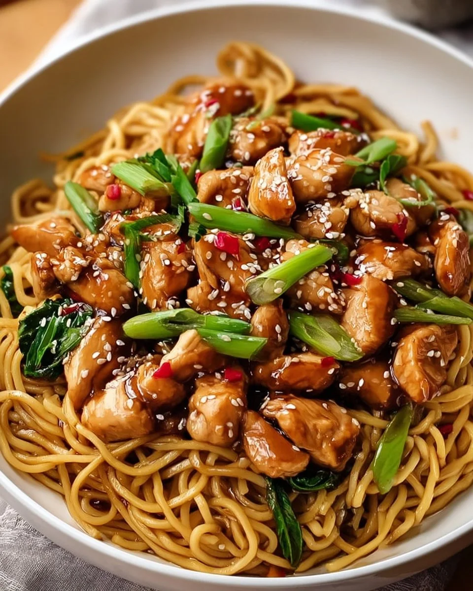 Klebrige Knoblauchhühnchen-Nudeln blitzschnell zubereitet