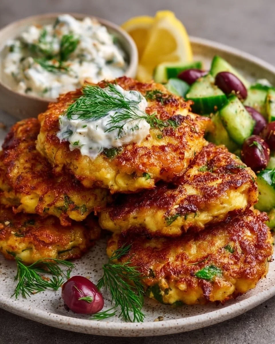 Knusprige Kartoffel-Feta-Puffer mit Joghurt-Gurken-Sauce