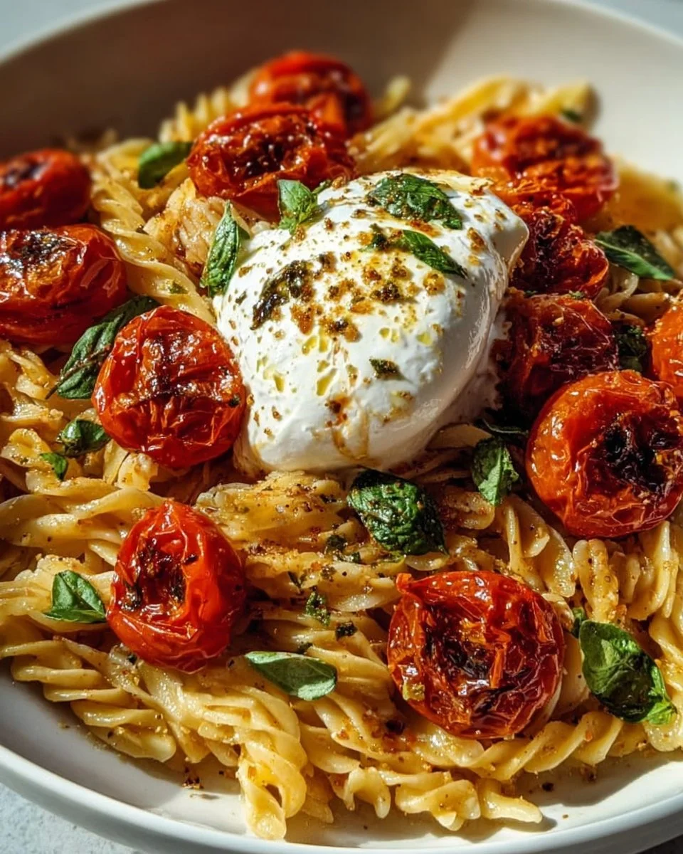 Burrata-Pasta mit Tomaten aus dem Ofen