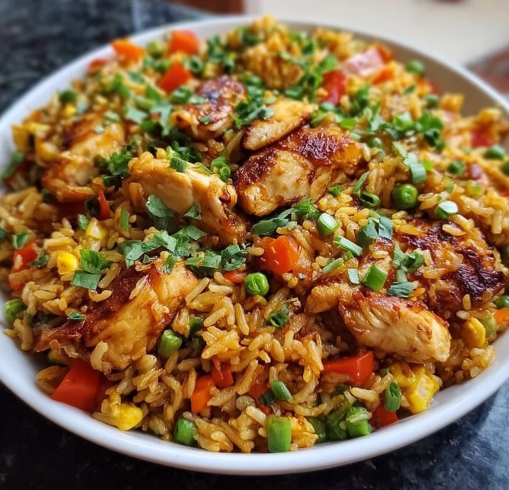 Gebratener Reis mit Hähnchen vom Drehspieß