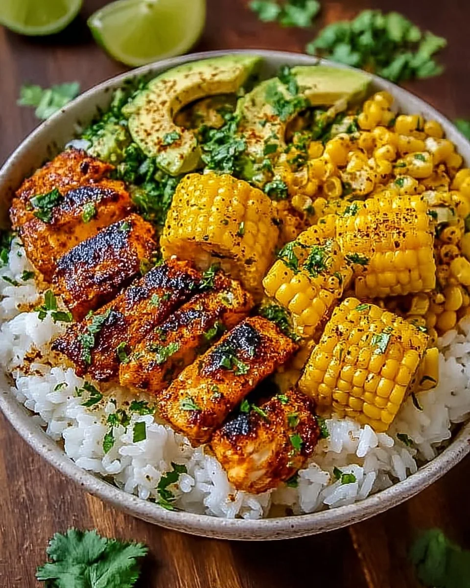 Köstliche Street Corn Hähnchen Reis Bowl