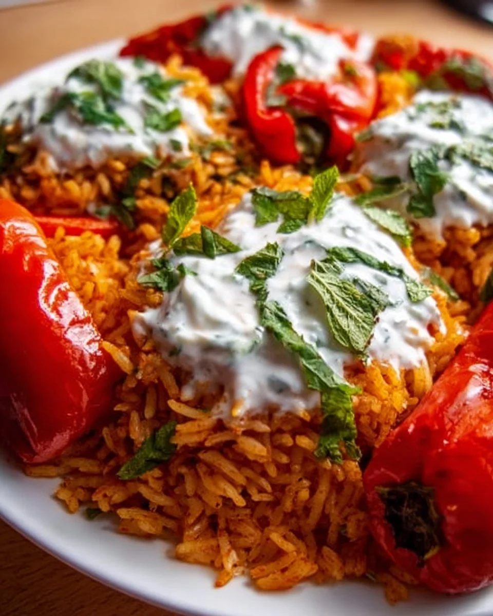 Paprika-Reis und Joghurt-Knoblauch-Soße