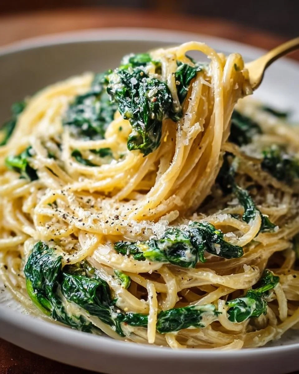 Spaghetti with Spinach Cream Cheese Sauce