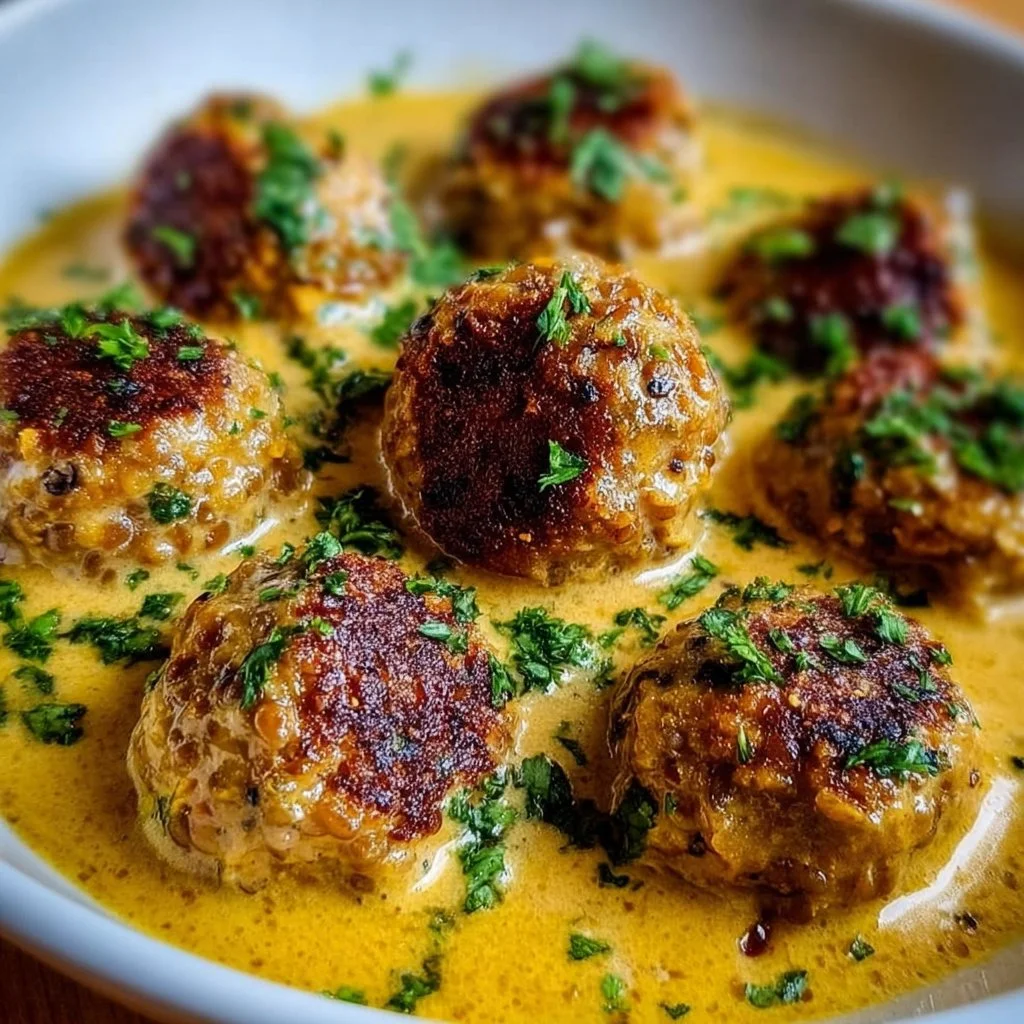Vegane Linsenknödel in Curry-Sauce
