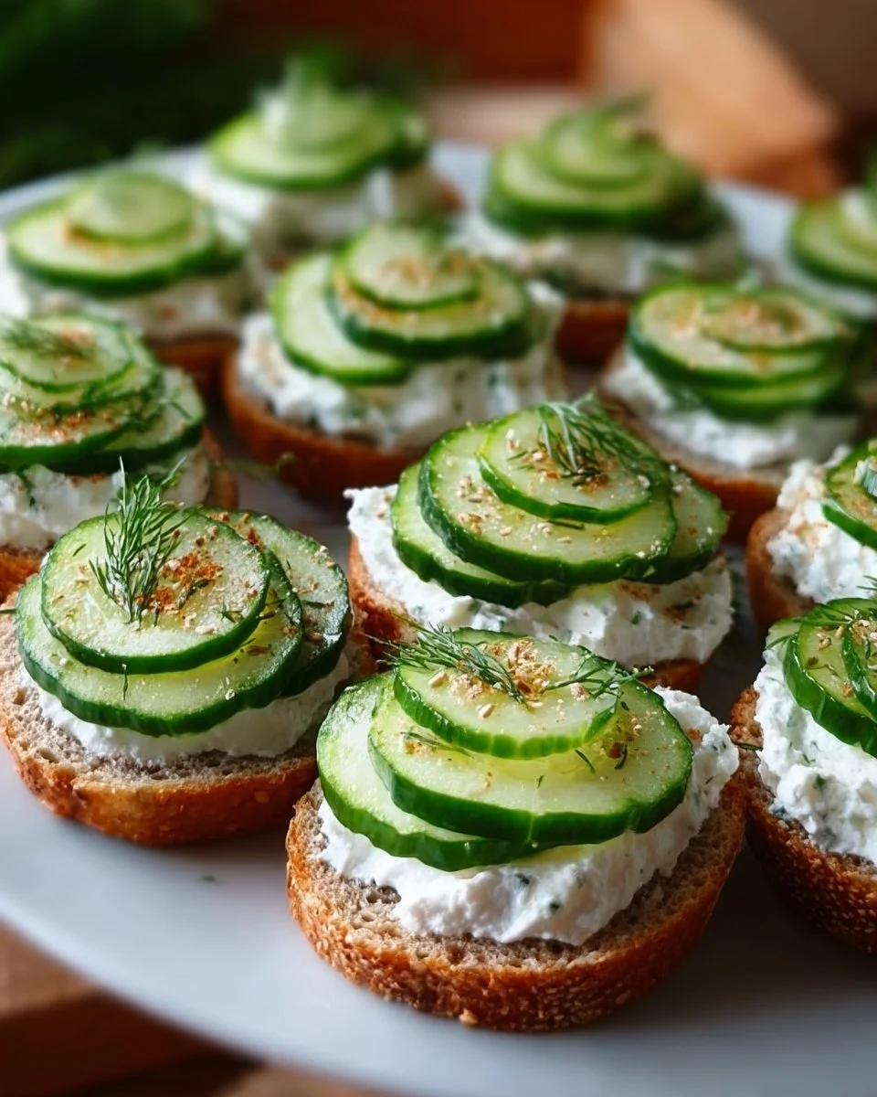 Leckere Bagel Gurkenhäppchen auf einem Präsentationsteller