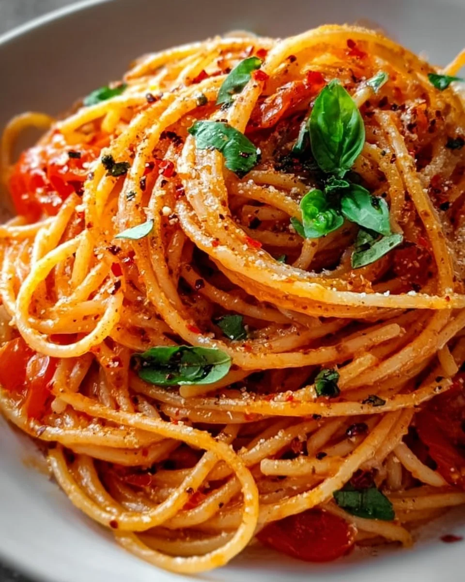 Cremige Tomaten Knoblauch Pasta mit Chili Flocken