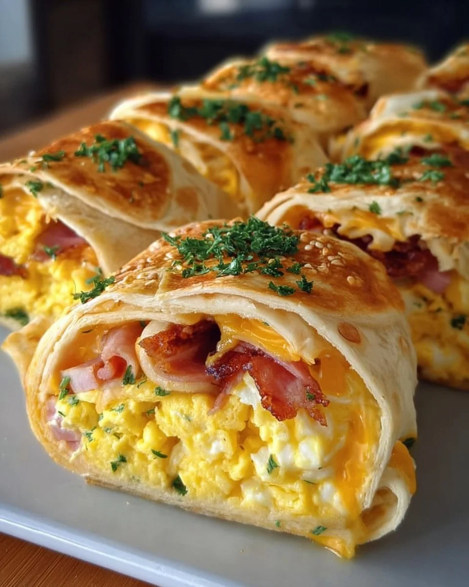 Frühstücksrollen gefüllt mit Rührei, Käse und Putenstreifen