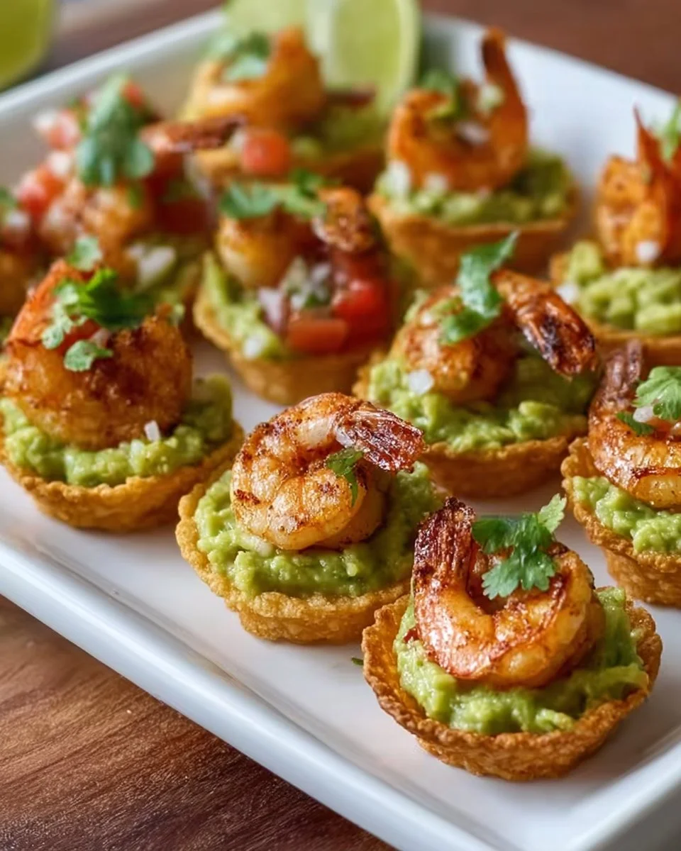 Garnelen-Guacamole-Bites auf einem Tablett serviert