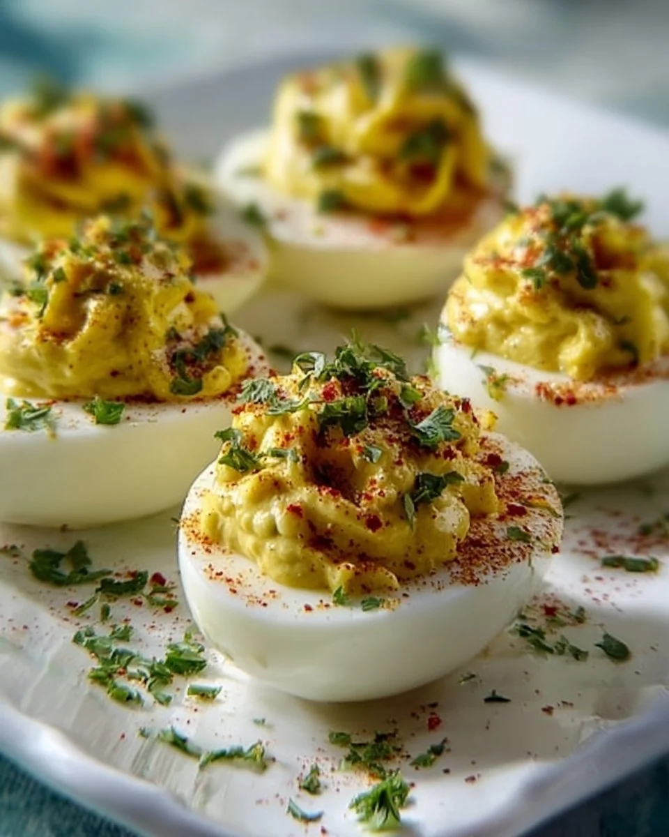 Delikate gefüllte Eier auf einem Tisch, ideal für Partys