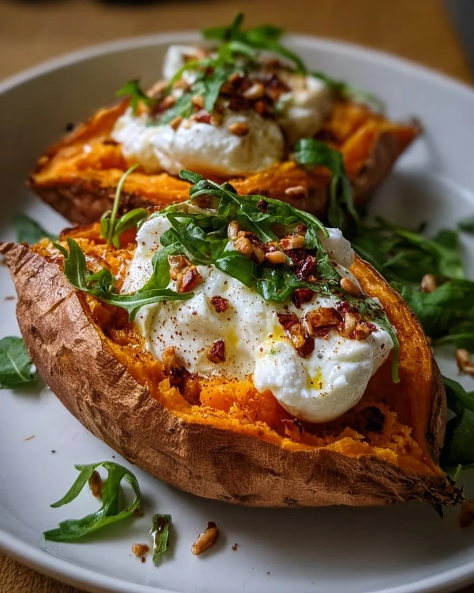 Gefüllte Süßkartoffeln mit Burrata auf einem Teller serviert.