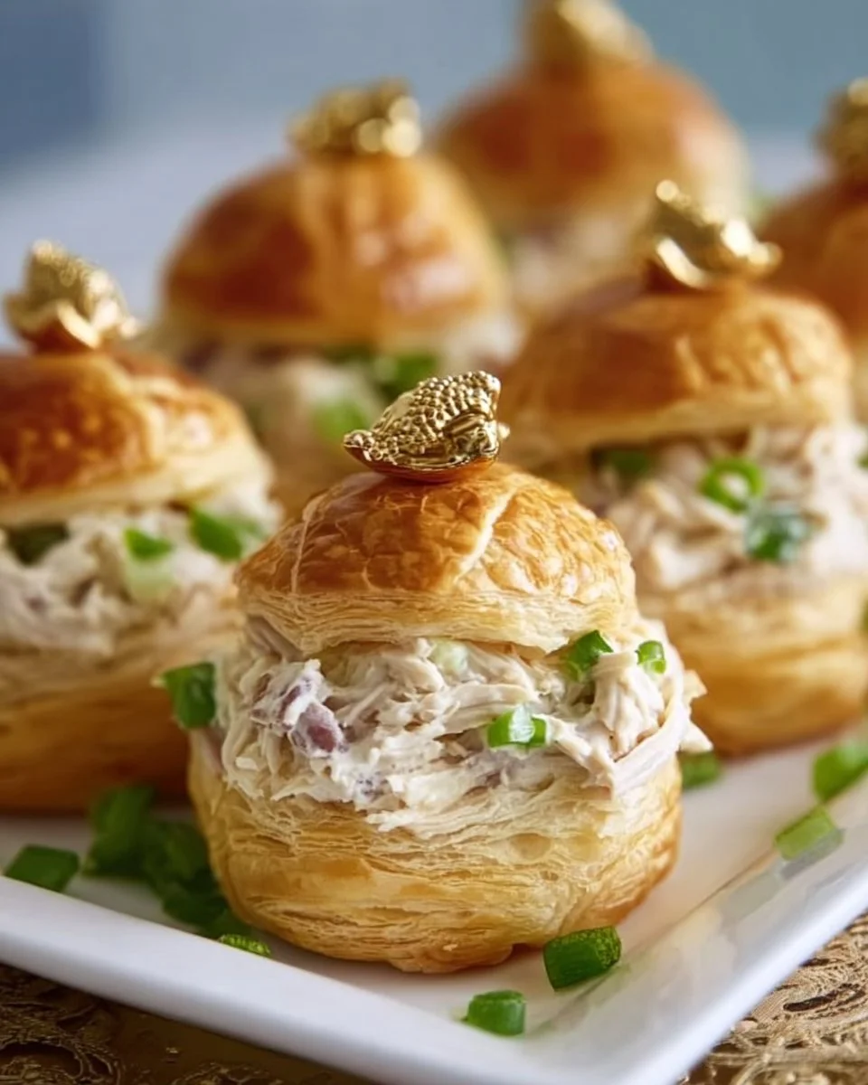 Hühnchen-Salat-Puffs auf einem Teller serviert, ideal für Snacks und Partys.