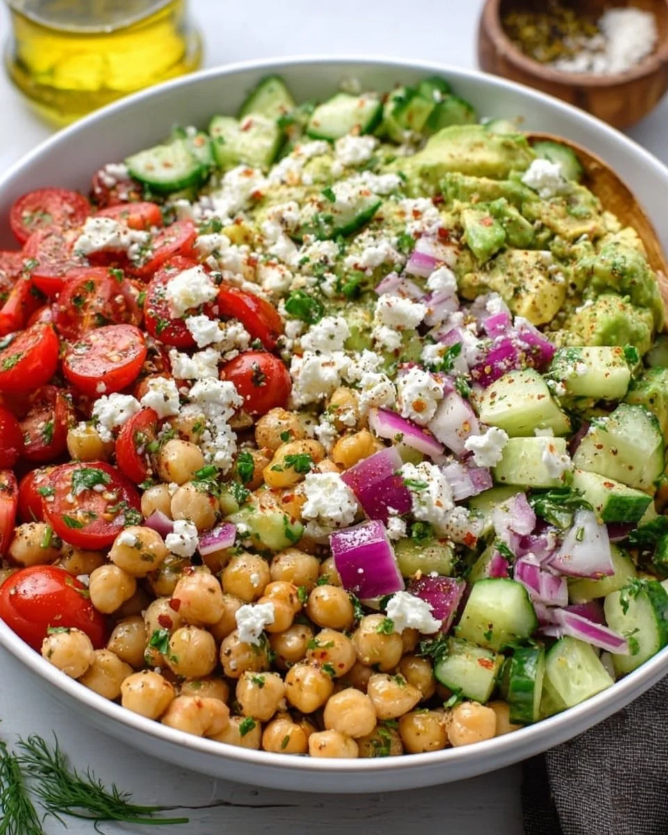 Mediterranean Chickpea Feta Avocado Salad in Bowls