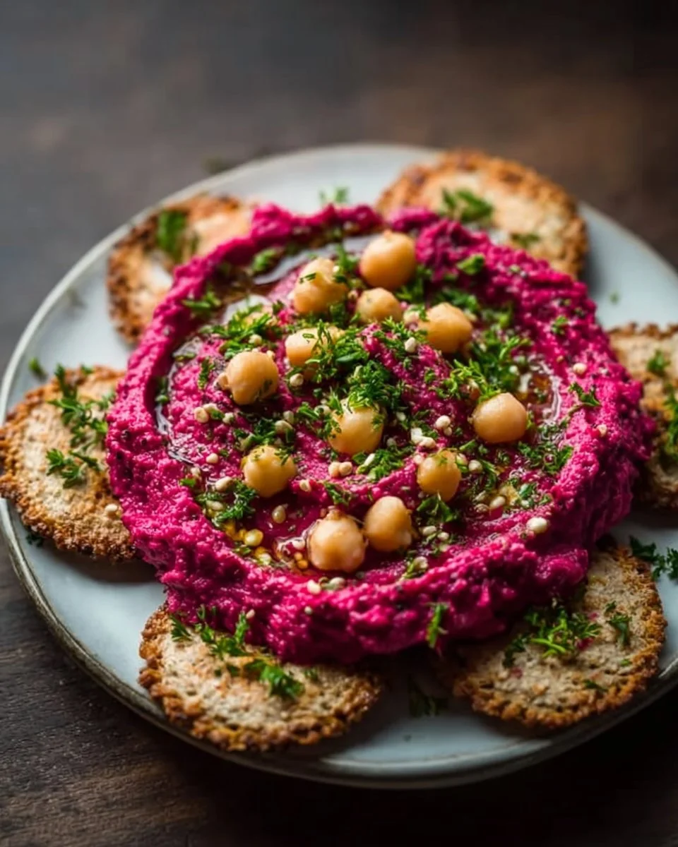 Leckeres Rote-Bete-Hummus in einer Schale mit frischem Gemüse