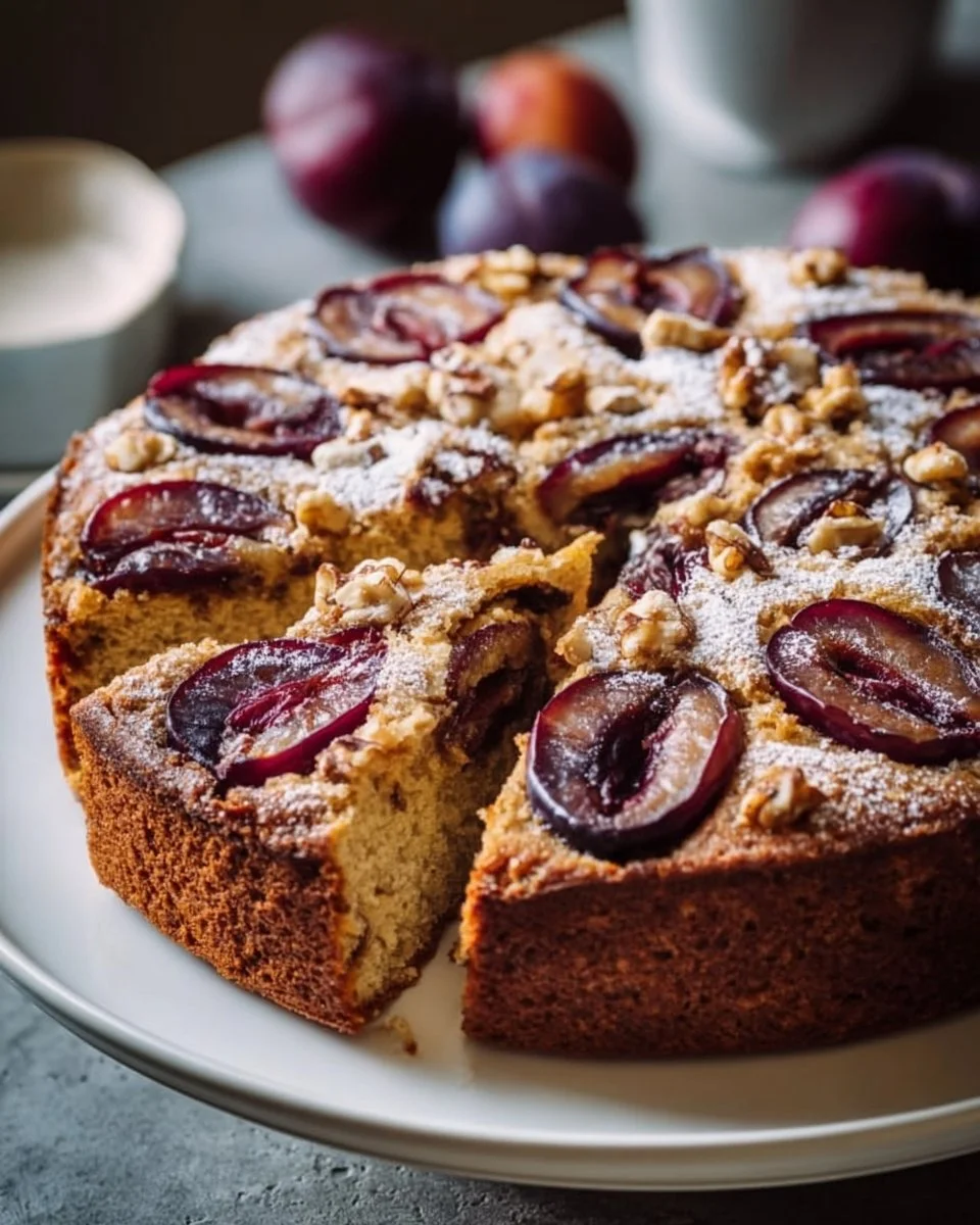 Rustikalen, alkoholfreien Pflaumen-Walnusskuchen