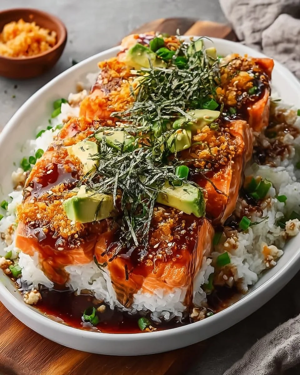 Teriyaki Lachs Sushi Auflauf auf einem Teller angerichtet