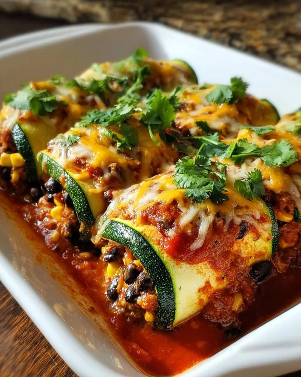 Zucchini-Enchilada-Röllchen auf einem Teller mit frischen Zutaten