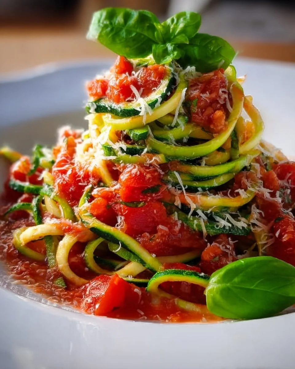 Zucchini Nudeln mit Tomaten-Basilikum Sauce