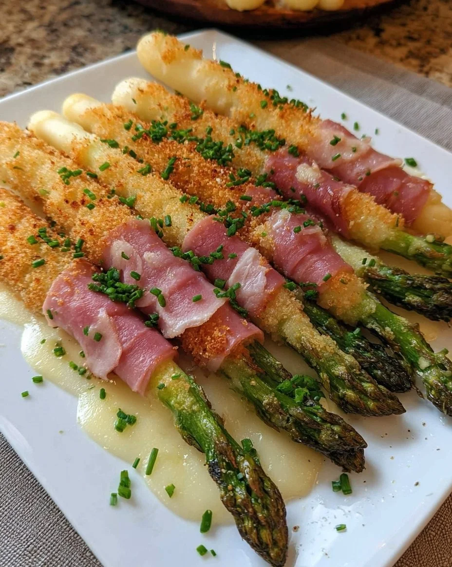 Paniertes Spargel mit Schinken und Käse
