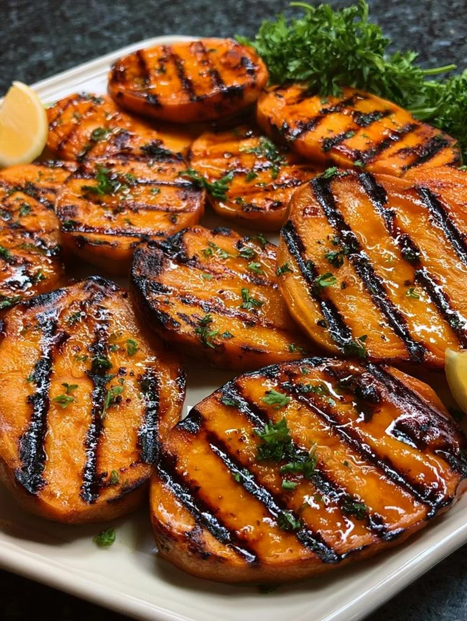 Gegrillte Süßkartoffeln auf dem Grill, goldbraun und lecker verzehrfertig