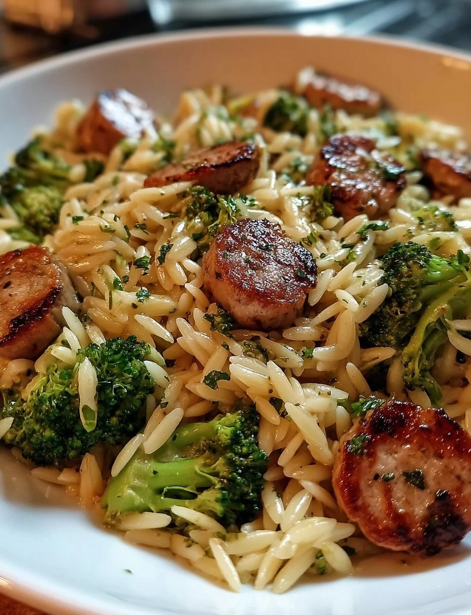 Hühnchenwurst Brokkoli-und Orzo-Pfanne für ein gesundes Abendessen