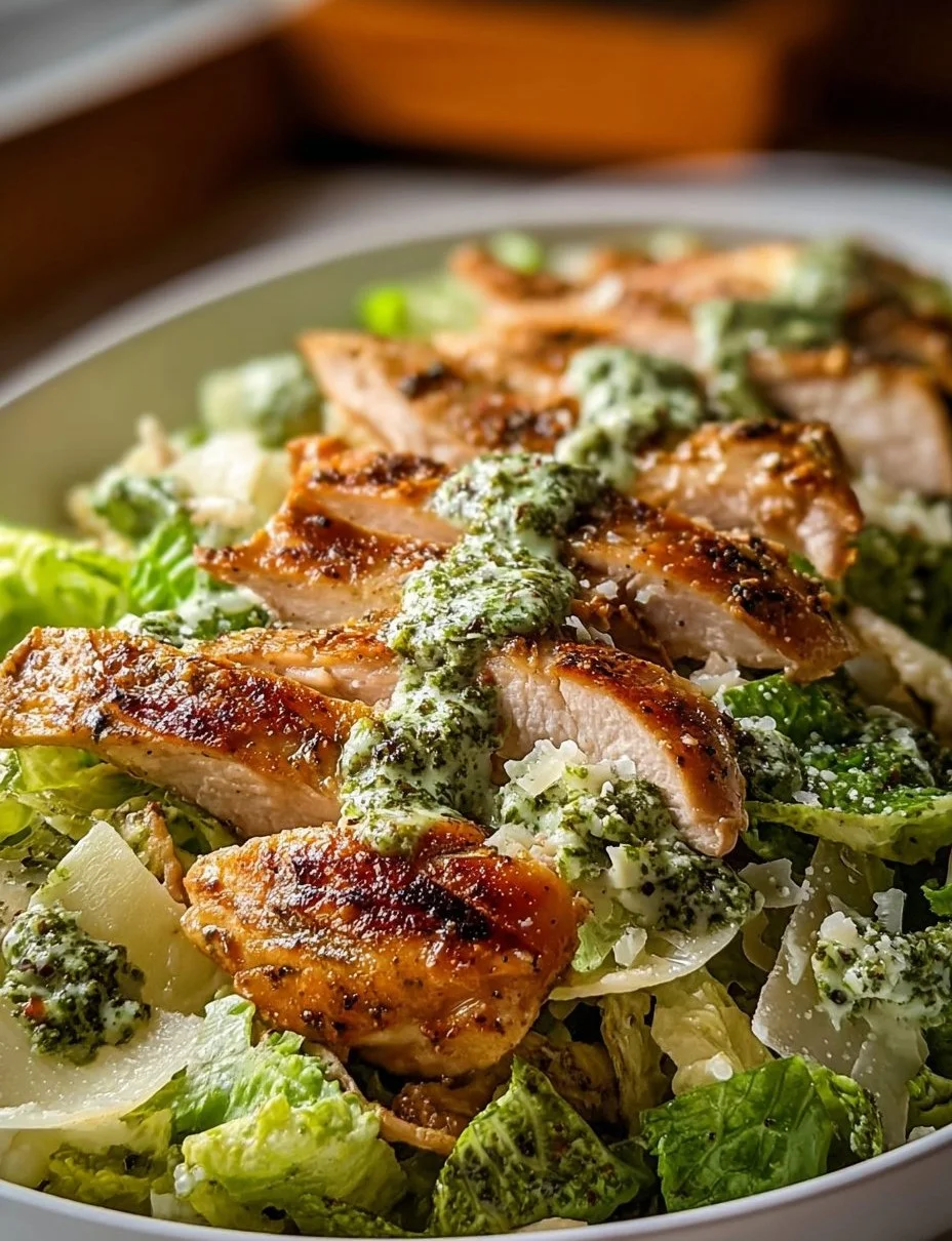 Pesto-Hühnchen Caesar-Salat frisch zubereitet mit grünem Salat und Kräutern