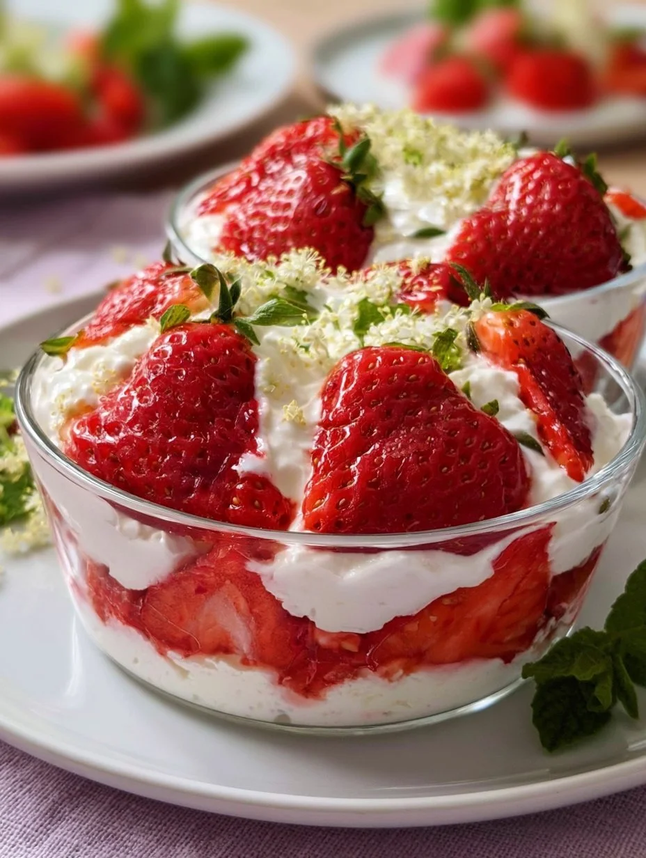 Topfen-Holundersirup-Creme mit Erdbeeren