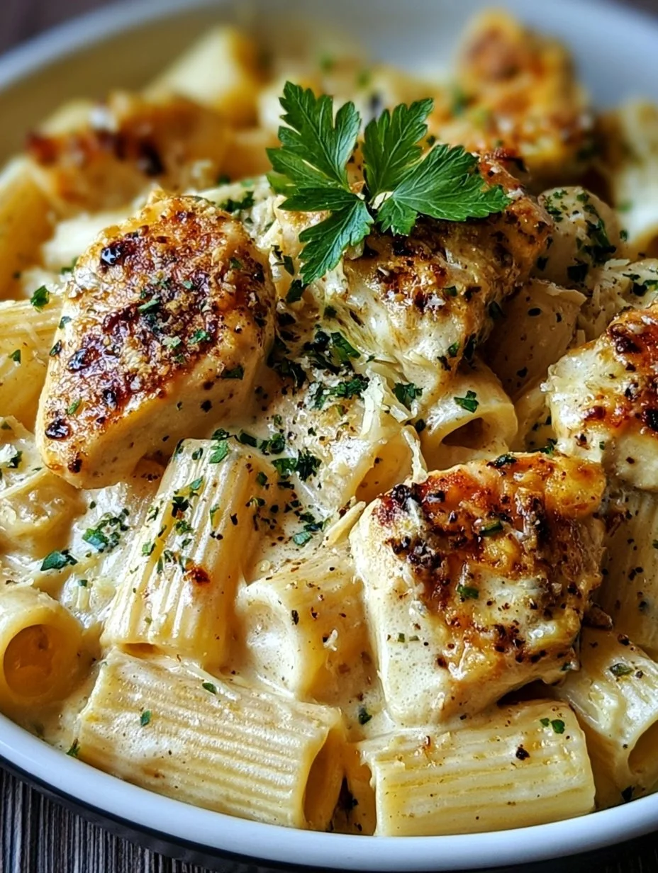 Cremiges Knoblauchbutter-Huhn und Rigatoni in Parmesan-Soße