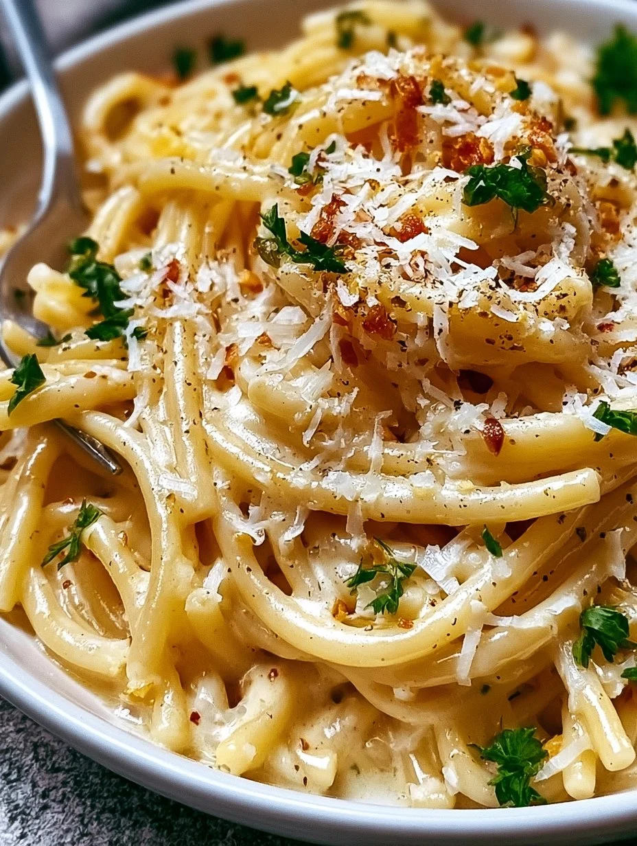 Ein Topf Knoblauch Käse Pasta