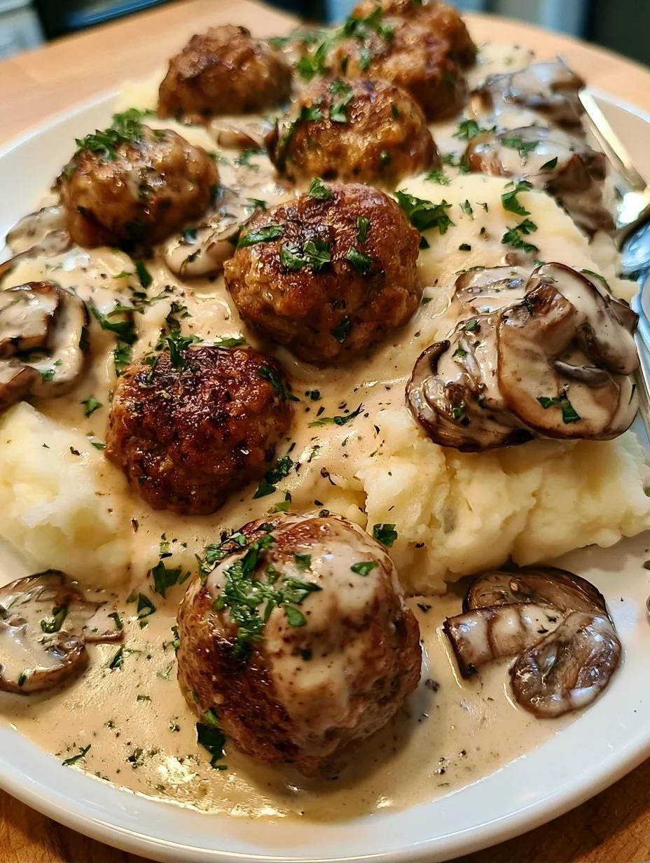 Fleischbällchen mit Kartoffelpüree und Champignonrahmsauce