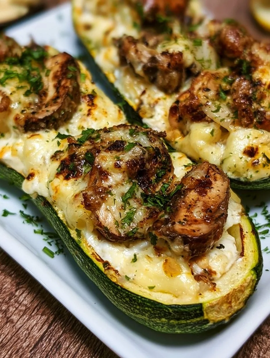 Gefüllte Zucchini mit Frischkäse und Champignons