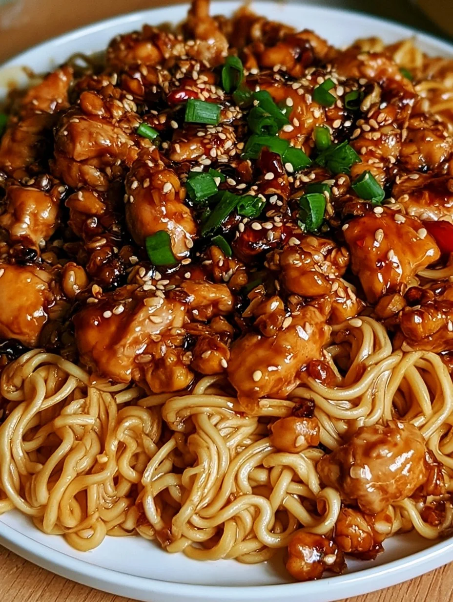 Klebriges würziges Knoblauch-Hühnchen mit Nudeln