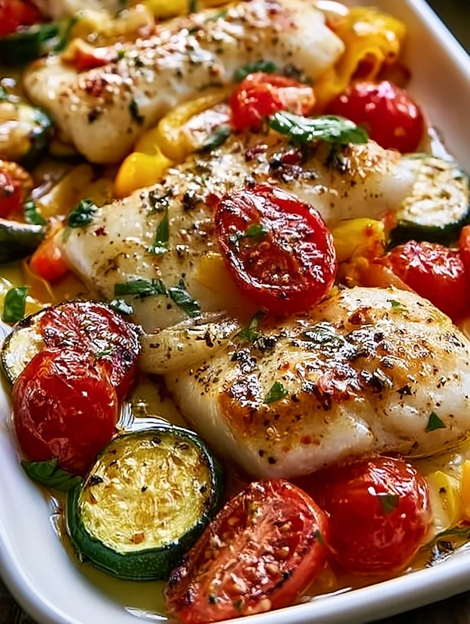 Mediterrane gebackene Fischfilets mit Gemüse