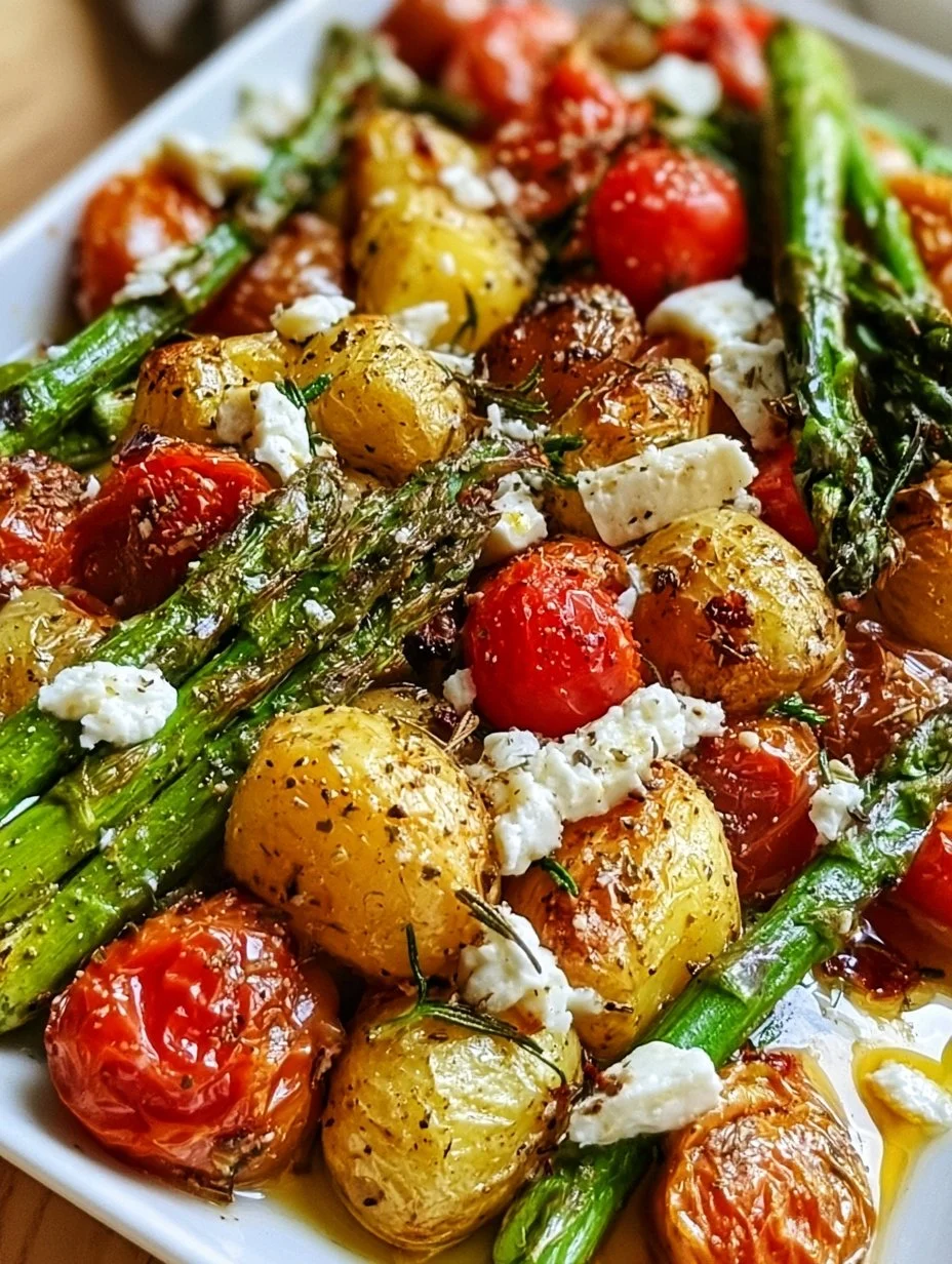 Ofenkartoffeln mit grünem Spargel, Tomaten und Feta