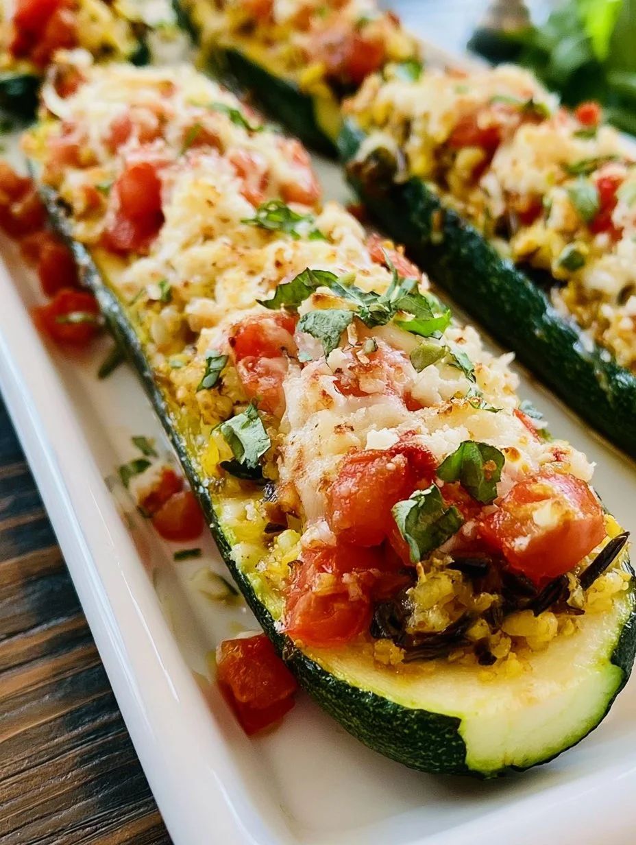 Vegetarisch gefüllte Zucchini mit Reis, Tomaten und Käse