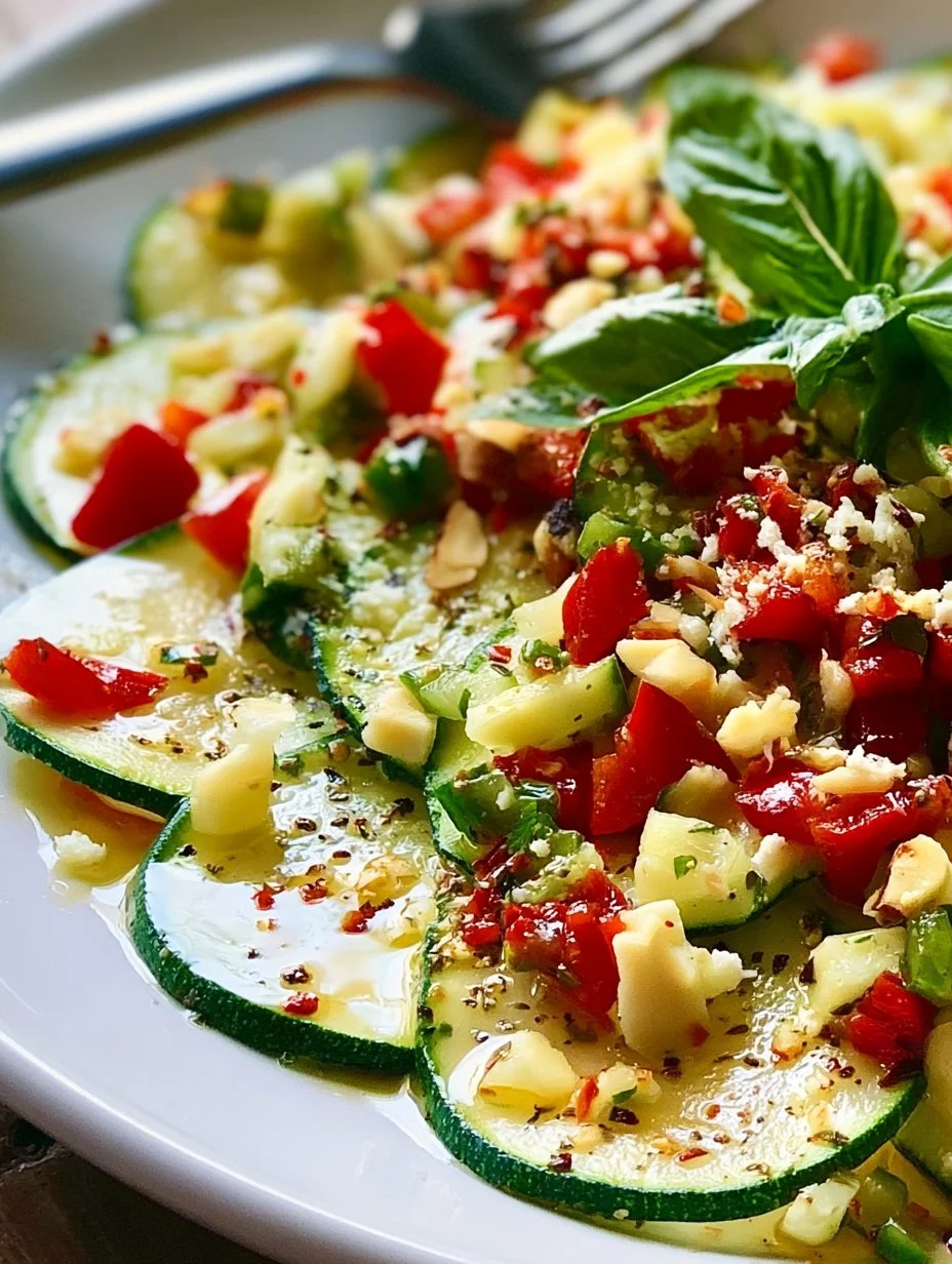 Zucchini-Carpaccio mit Paprika-Salsa, Mandeln und Parmesan