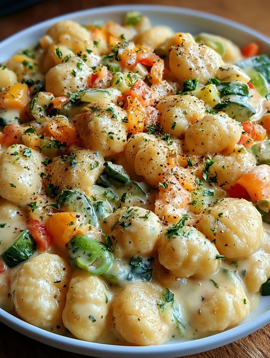 Gnocchi aus einem Topf mit cremigem Gemüse