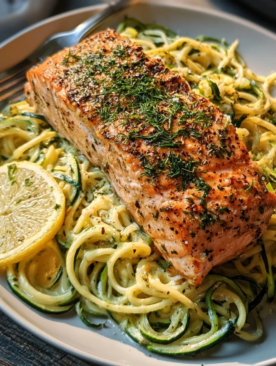 Kräuterlachs auf Zucchinipasta