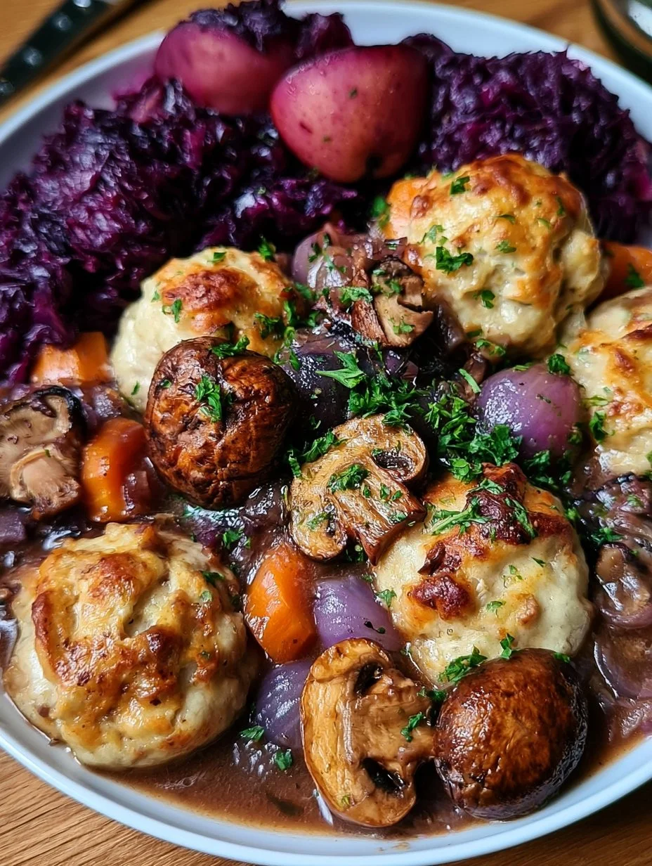 Maronen-Pilz-Ragout mit Ofenknödeln und Rotkraut
