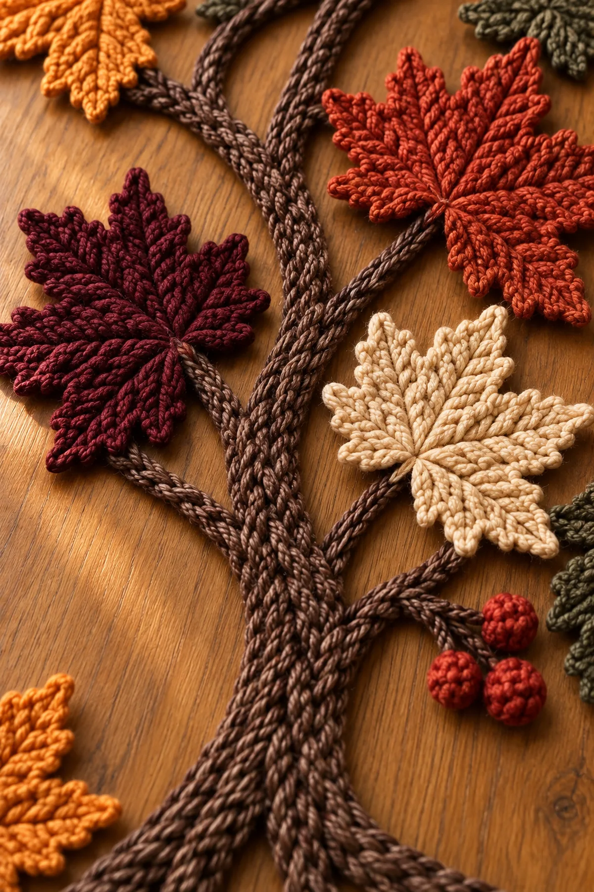 Close view of braided brown crochet bark pointed maple leaf lobes raised veins and three-berry bobbles