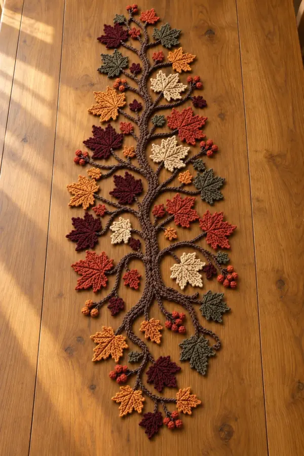 Open autumn crochet tree table runner with a brown branching trunk multicolor maple leaves and berry clusters