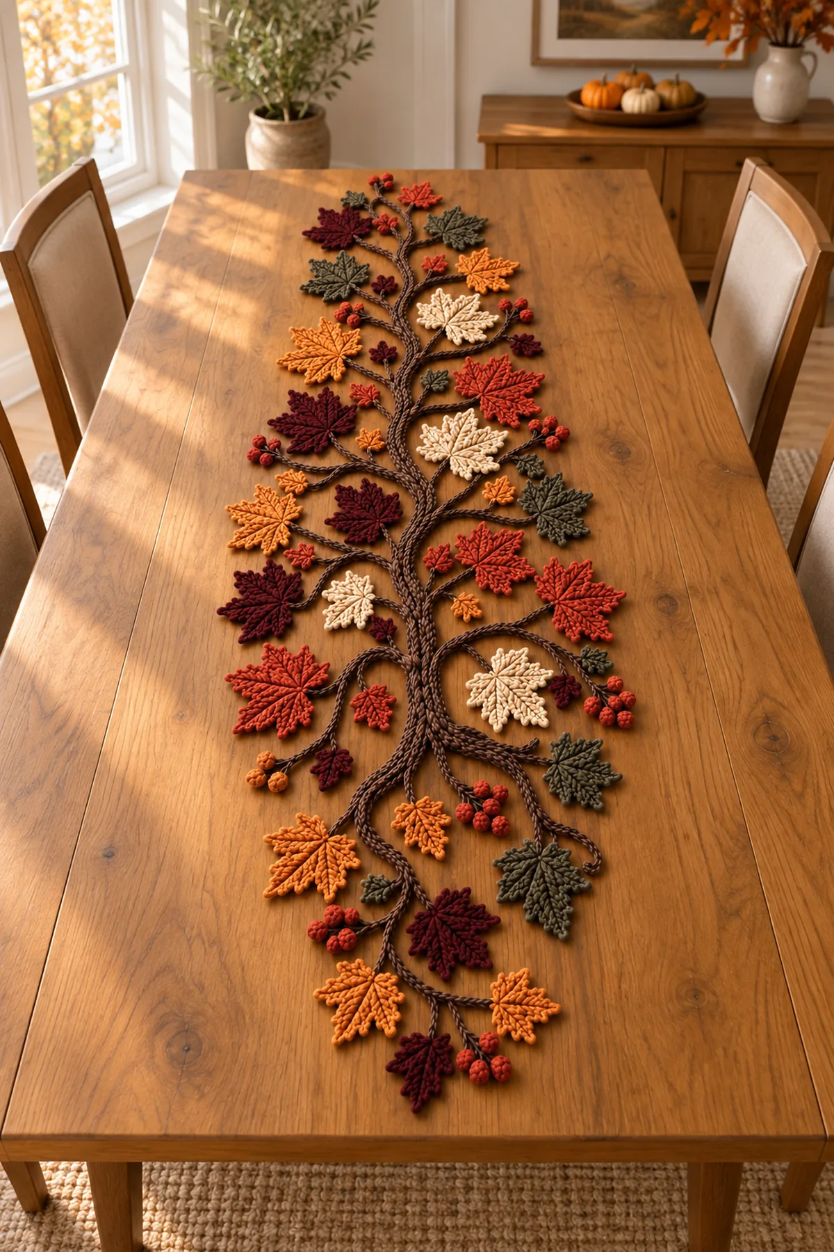 Finished open autumn leaf crochet tree table runner displayed lengthwise on a warm wooden dining table