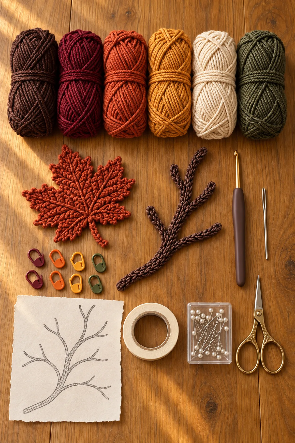 Brown burgundy rust ochre cream and olive cotton yarn with crochet hook markers needle and blocking tools