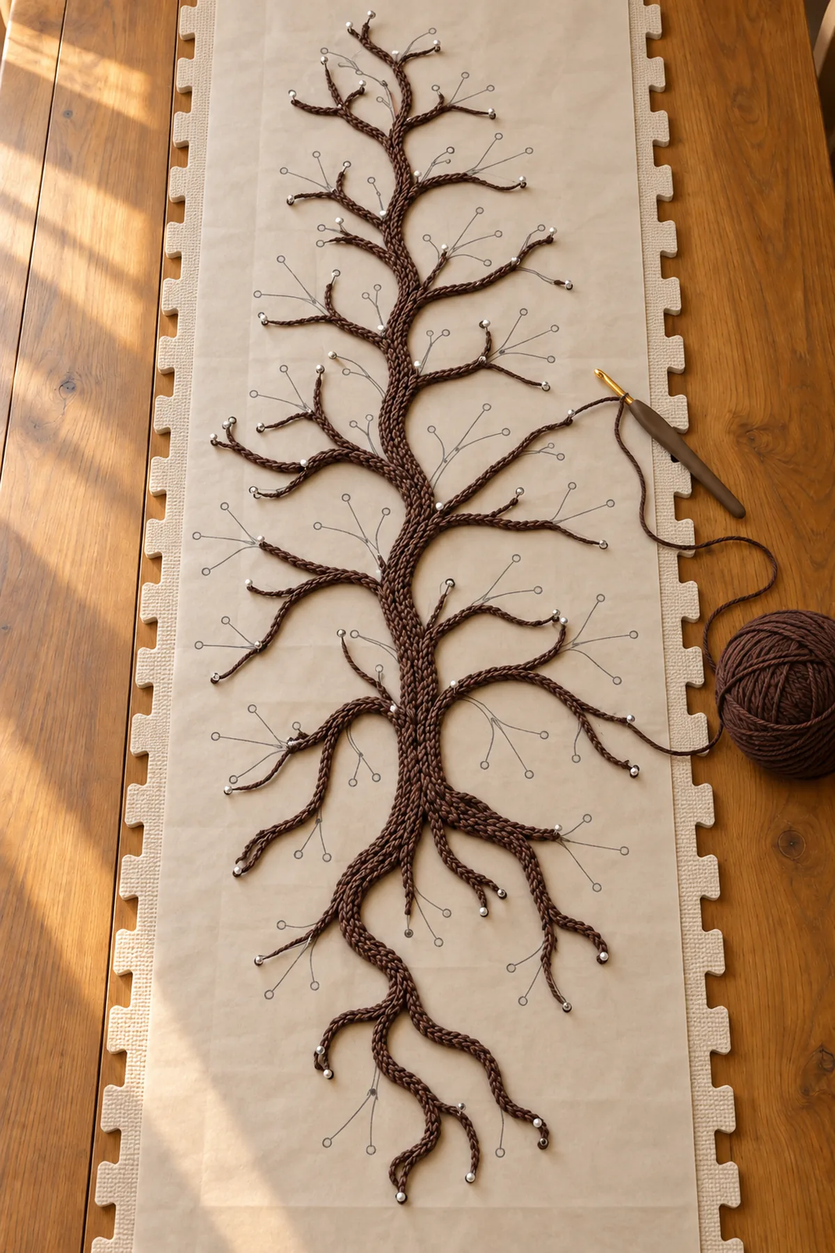 Raised brown crochet trunk with asymmetric branches and curling roots pinned to a full-size template