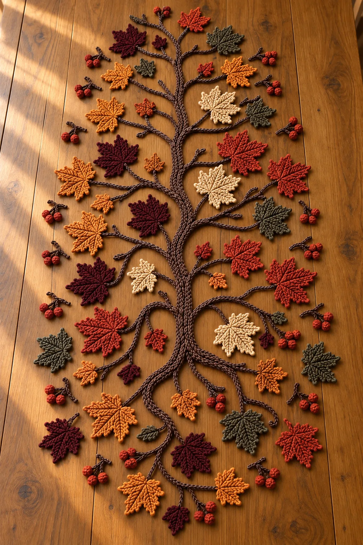 Thirty-nine veined crochet maple leaves in five autumn colors arranged beside the brown tree framework