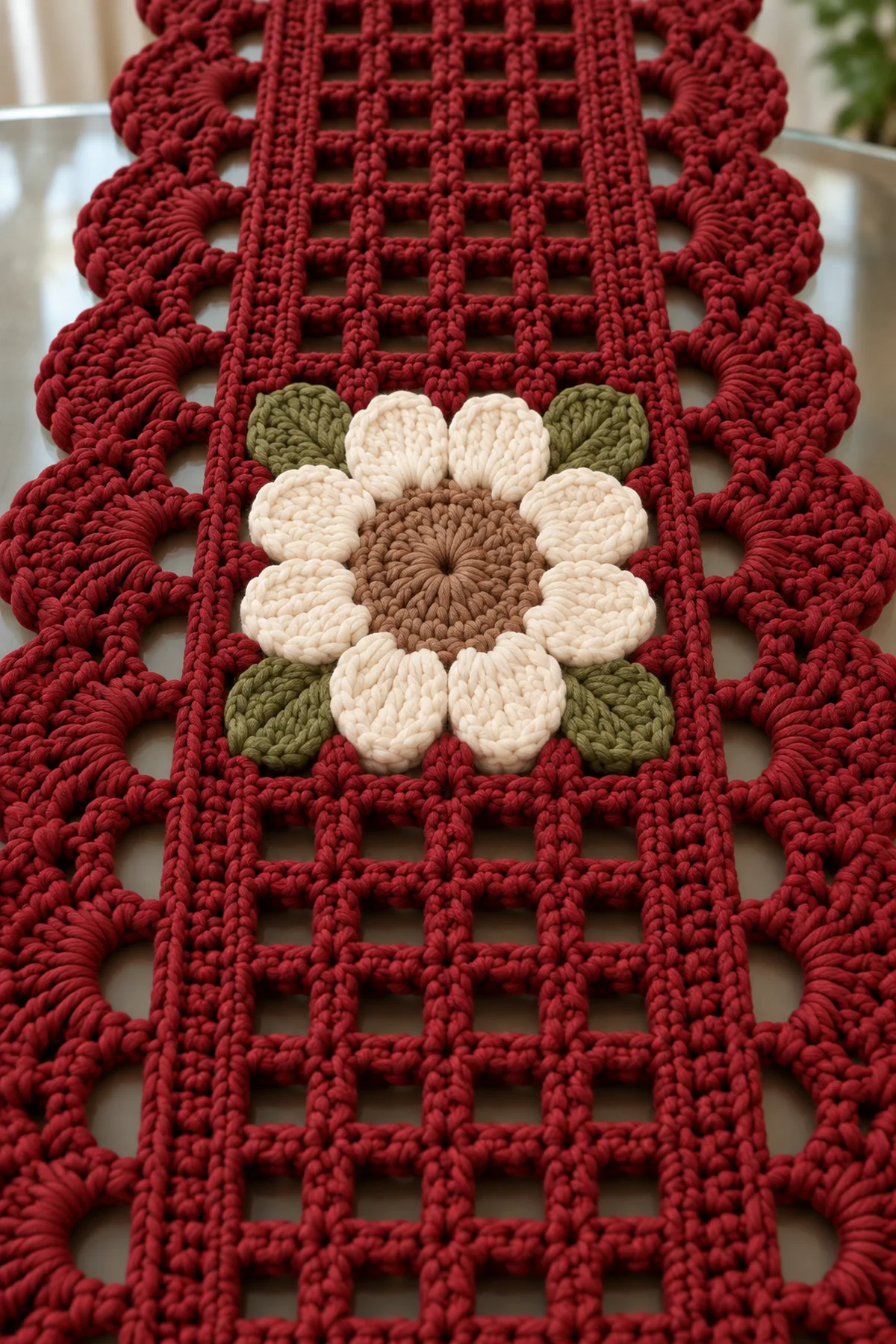 Close view of cream daisy petals taupe center olive leaves burgundy lattice and deep scalloped border