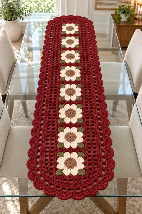 Finished burgundy daisy floral crochet table runner displayed lengthwise on a glass dining table