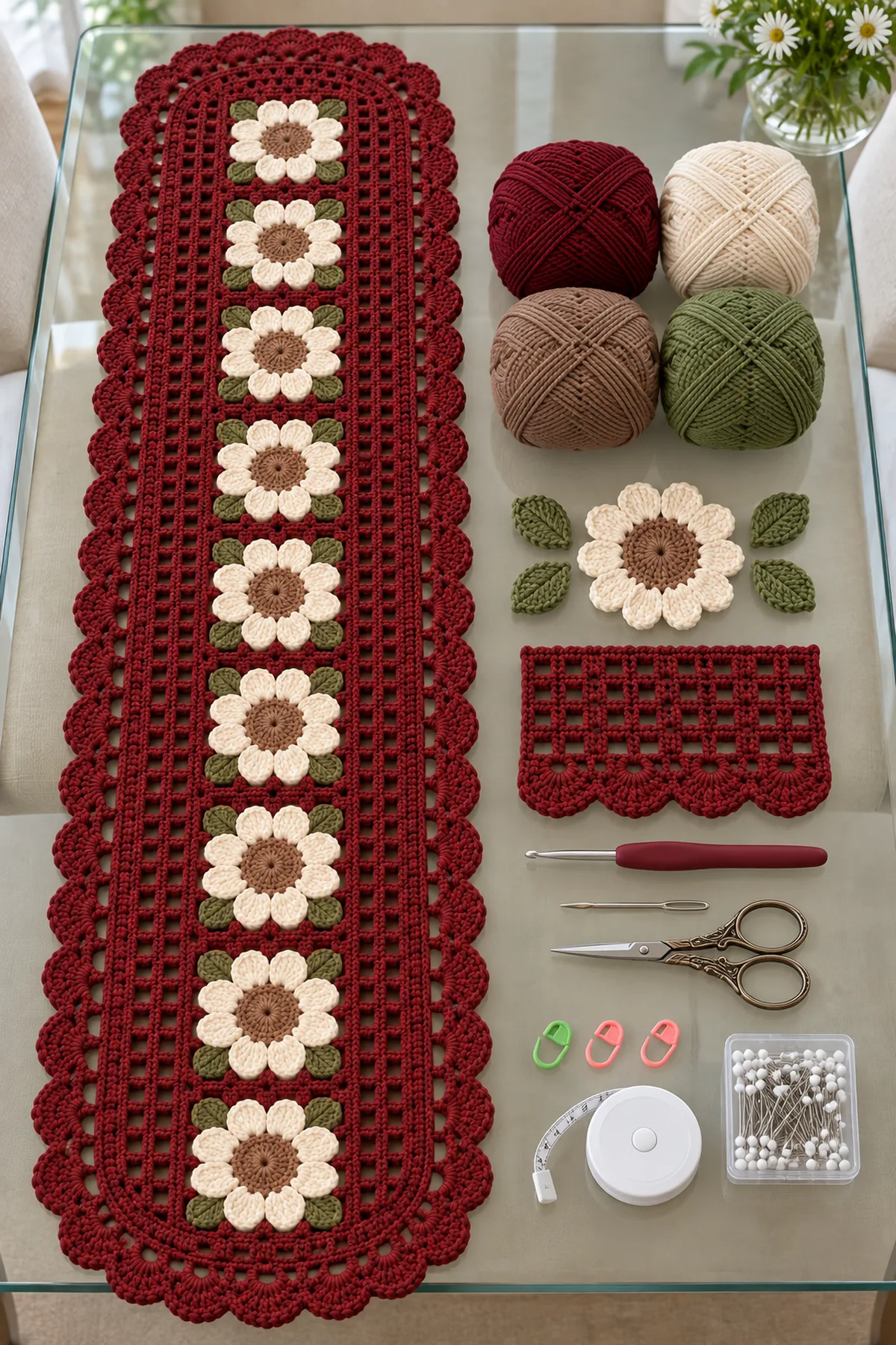 Burgundy cream taupe and olive cotton yarn with hook markers needle scissors and blocking tools