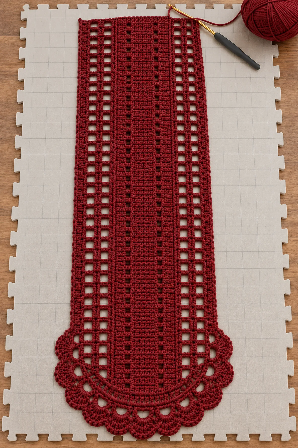 Long burgundy filet crochet panel with solid center strip mirrored lace channels and rounded end shaping