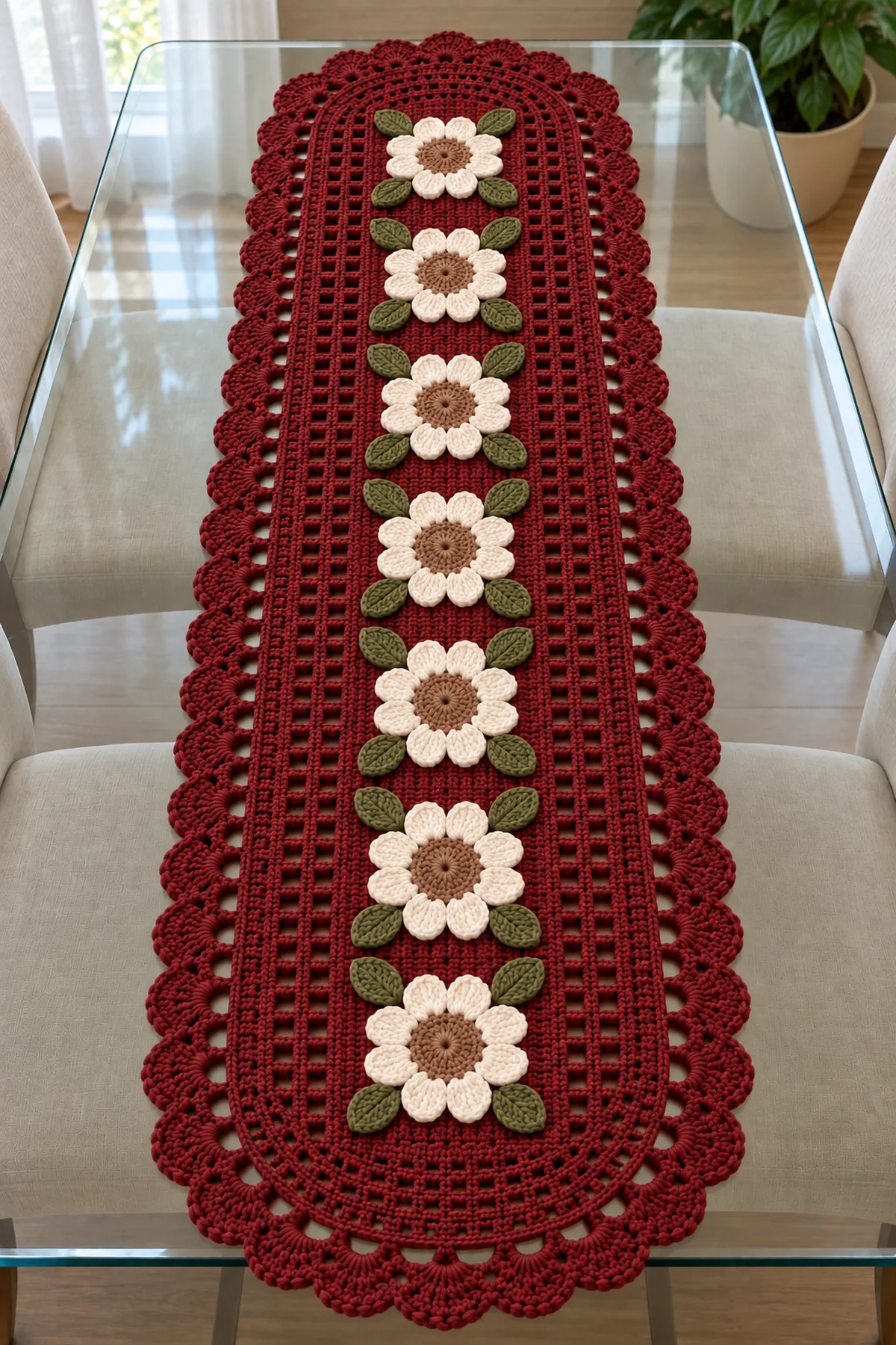 Seven cream twelve-petal daisies and twenty-eight olive leaves arranged along the burgundy runner center